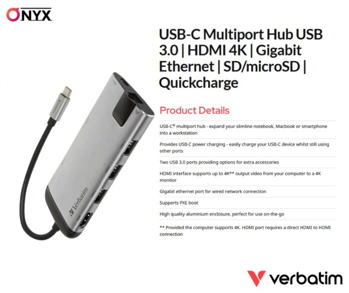 USB-C Multiport Hub USB 3.0 | HDMI 4K | Gigabit Ethernet | SD/microSD | Quickcharge