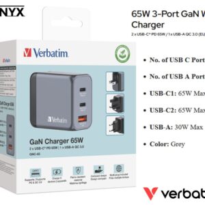 65W 3-Port GaN Wall Charger | 2 x USB-C® PD 65W / 1 x USB-A QC 3.0 (EU/UK/US)