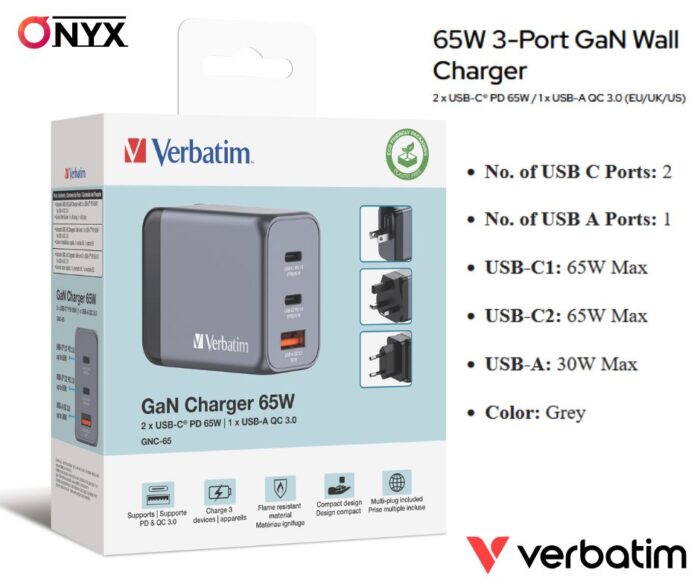 65W 3-Port GaN Wall Charger | 2 x USB-C® PD 65W / 1 x USB-A QC 3.0 (EU/UK/US)